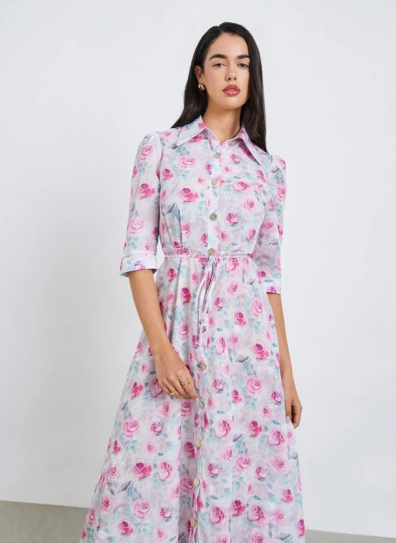 Styli Women Floral Long Sleeves Shirt Maxi Dress